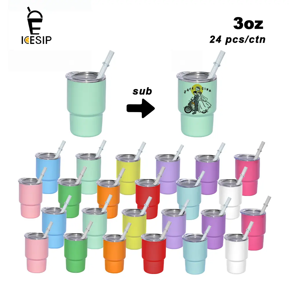 ICESIP Sublimation Stainless Steel Mini Water Bottles & Flasks, 3oz (24pcs/48pcs), Mixed Color with Plastic Lid & Straw, Portable Home & Festive Supplies for Party Gifts