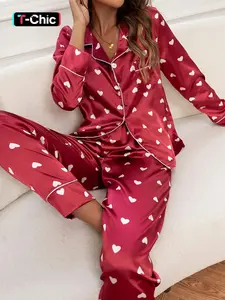Women's Heart Print Satin Woven Loungewear Set, Casual Lapel Button Front Shirt & Pants Fitted Pajama Set, Women's Sleepwear, Womenswear Homewear