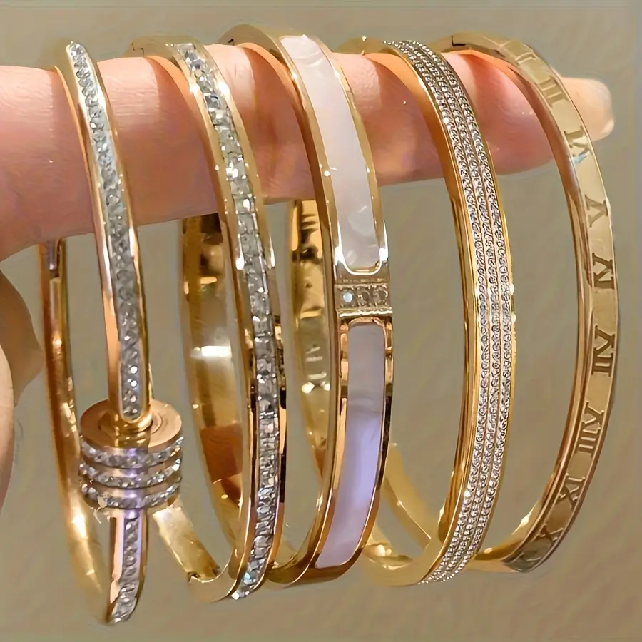 5PCS Mixed Metal Bangle Bracelet Set for Women, Gold, Silver & Rose Gold with Roman Numerals, Mother of Pearl & Pave CZ Cuffs, Stackable Hinged Stainless Steel Bangles, 2.36in Inner Diameter, Jewelry Gifts for Her