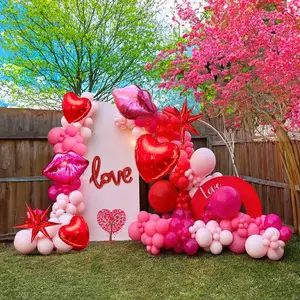 Valentines day balloon garland arch Kit Red pink balloons with Starburst Love letter lips heart shape balloons for Galentines Valentine's Engagement theme party decorations