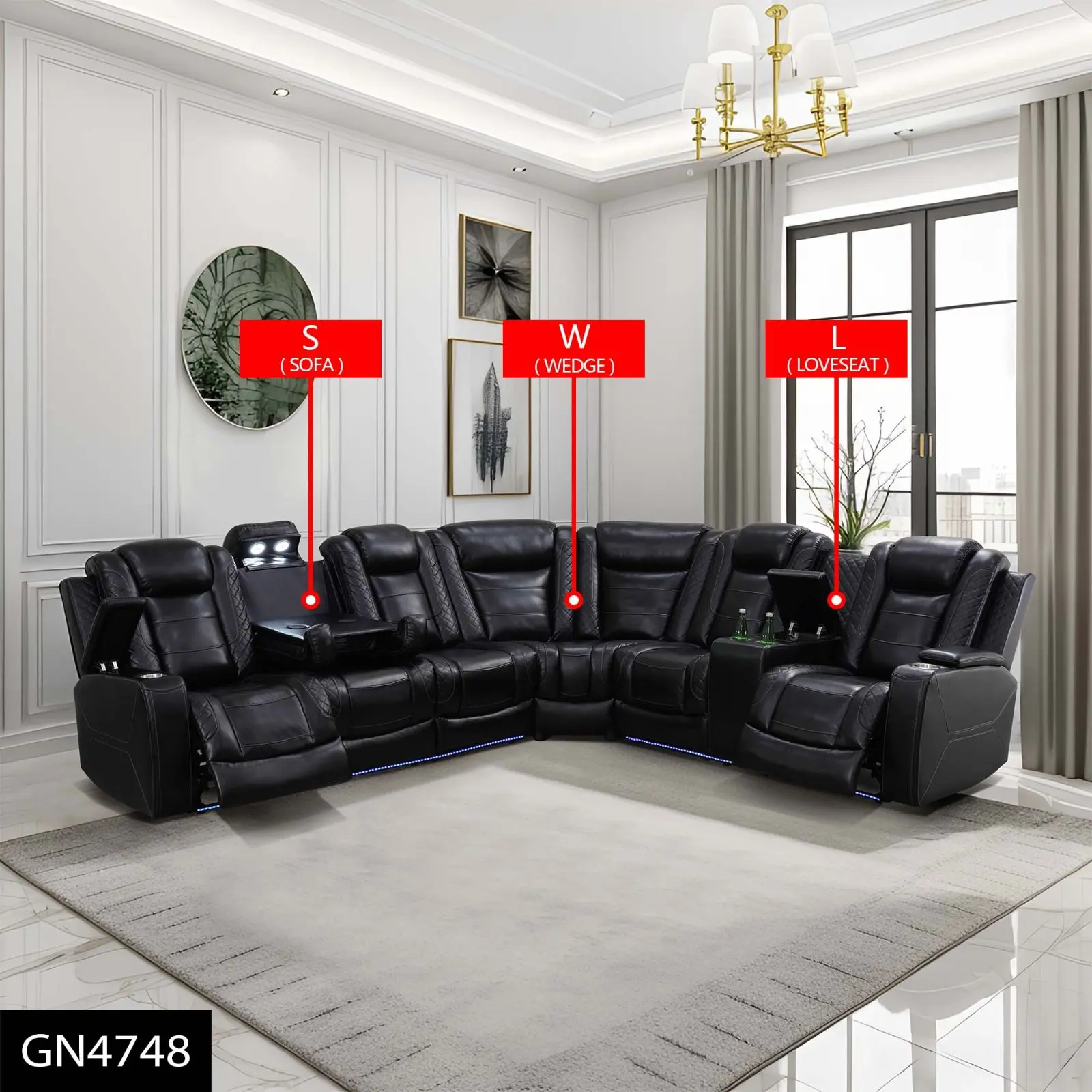 Leather Look Multiple-Seat Power Reclining Sofa Set - Indoor Furniture for Living Room, Gaming Rooms, Watch Party with Wireless Charger, USB Ports, LED Lights, Storage Console, Multiple Seats