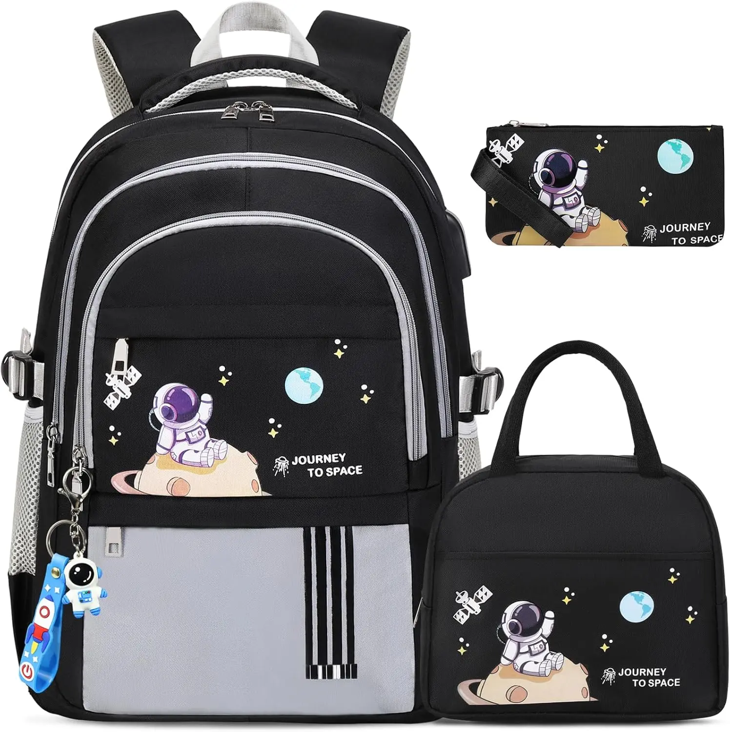 SIMILOVE Boys' 3-Piece Waterproof School Backpack Set - Padded Adjustable Straps, Astronaut Pendant, Warm Lunch Box, Pencil Case, Zip Pocket, Headset Port, Travel Bag, Back-to-School Party Gift, Water Resistant Daypack, Backpack