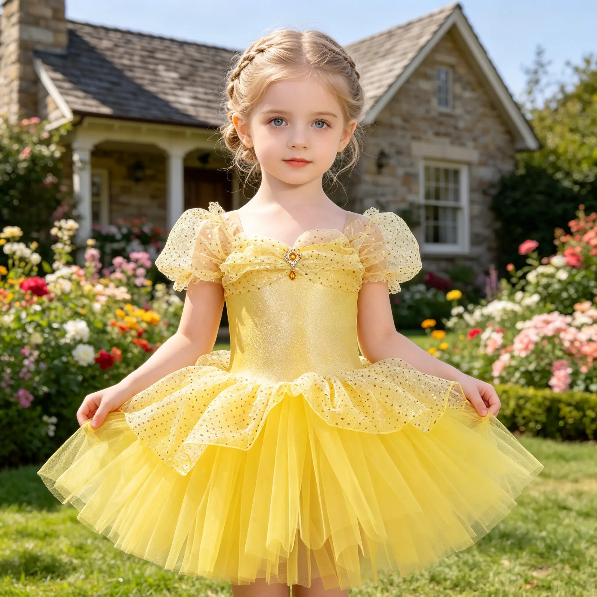 Girls Puff Short Sleeve Gold Glitter Yellow Ballet Tutu Dress Leotard Bow With Gem Layered Tulle Skirt Kids Gymnastics Birthday Party Recital Fairy Dance Costume Toddler Stage Training Outfit