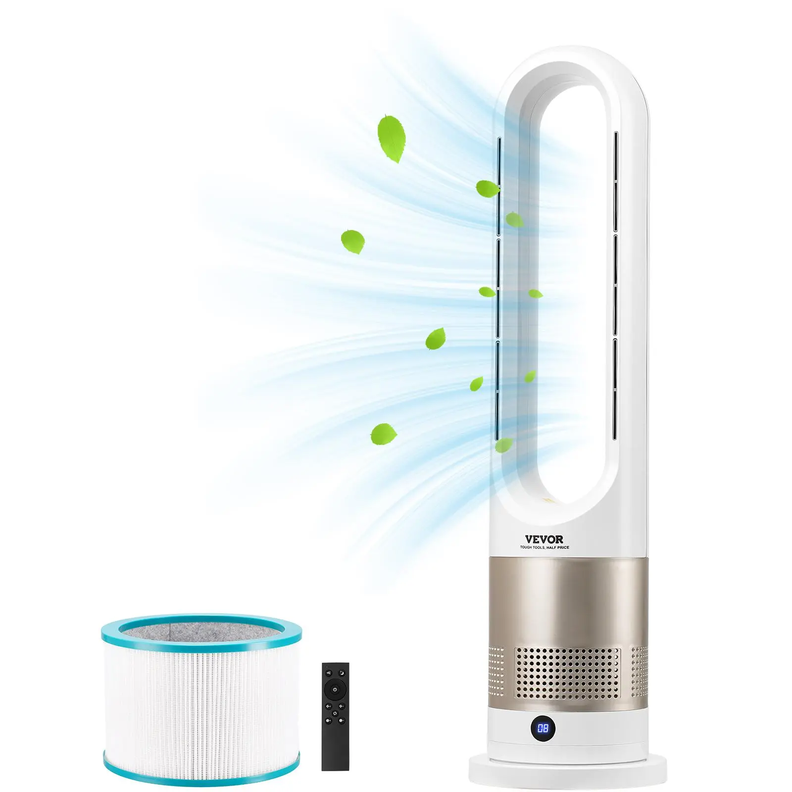 【summerfinds】VEVOR Tower Fan Bladeless, 16 ft/s Velocity Quiet Floor Clooer Fan that Blows Cold & Heating Air, 80° Oscillating cooler Fans with 8 Speeds, 9H Timer, Standing Fans with Remote Control for Bedroom, Office, Home
