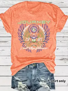Women's Printed Rock Heritage Top, Journey Don't Stop Believin' 1981 Print, Short Sleeve Round Neck Medium Stretch Casual T-Shirt
