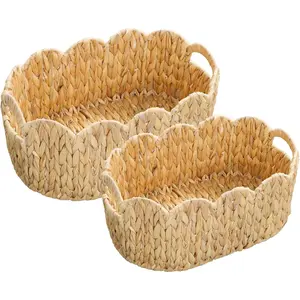 Scalloped Basket Set of 2,Water Hyacinth Basket for Organizing and Decor,Hand-Woven Wicker Storage Baskets with -In Handles for ,,Laundry