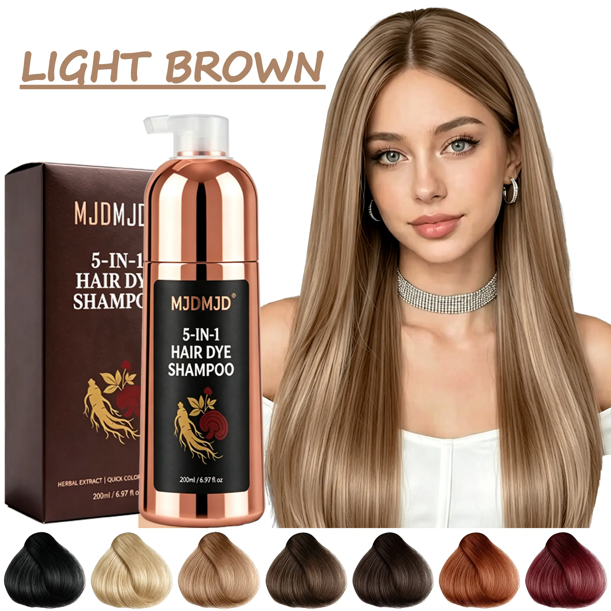Light Brown Hair Dye Shampoo 5-in-1, Natural Hair Coloring Shampoo with Ginseng Extract for Women & Men, Gray Hair Coverage, Long-Lasting Light Brown Hair Color, 200ml (Light Brown)