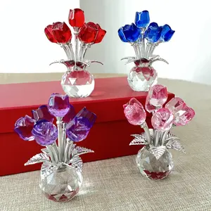 Exquisite Crystal Glass Rose Sculpture - Elegant Red, Blue, and Pink Floral Decoration with Sparkling Leaves, Multi-functional Home Ornament Suitable for Bedroom, Kitchen, Living Room, Prayer Space - Christmas, Halloween, Valentine's Day Decorative Fruit