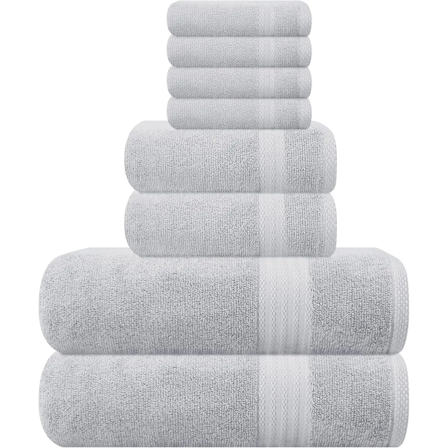 Ultra Soft 8 Piece Towel Set - 100% Pure Ring Spun Cotton, Contains 2 Oversized Bath Towels 27x54, 2 Hand Towels 16x28, 4 Wash Cloths 13x13 - Ideal for Everyday use, Hotel & Spa - Light Grey