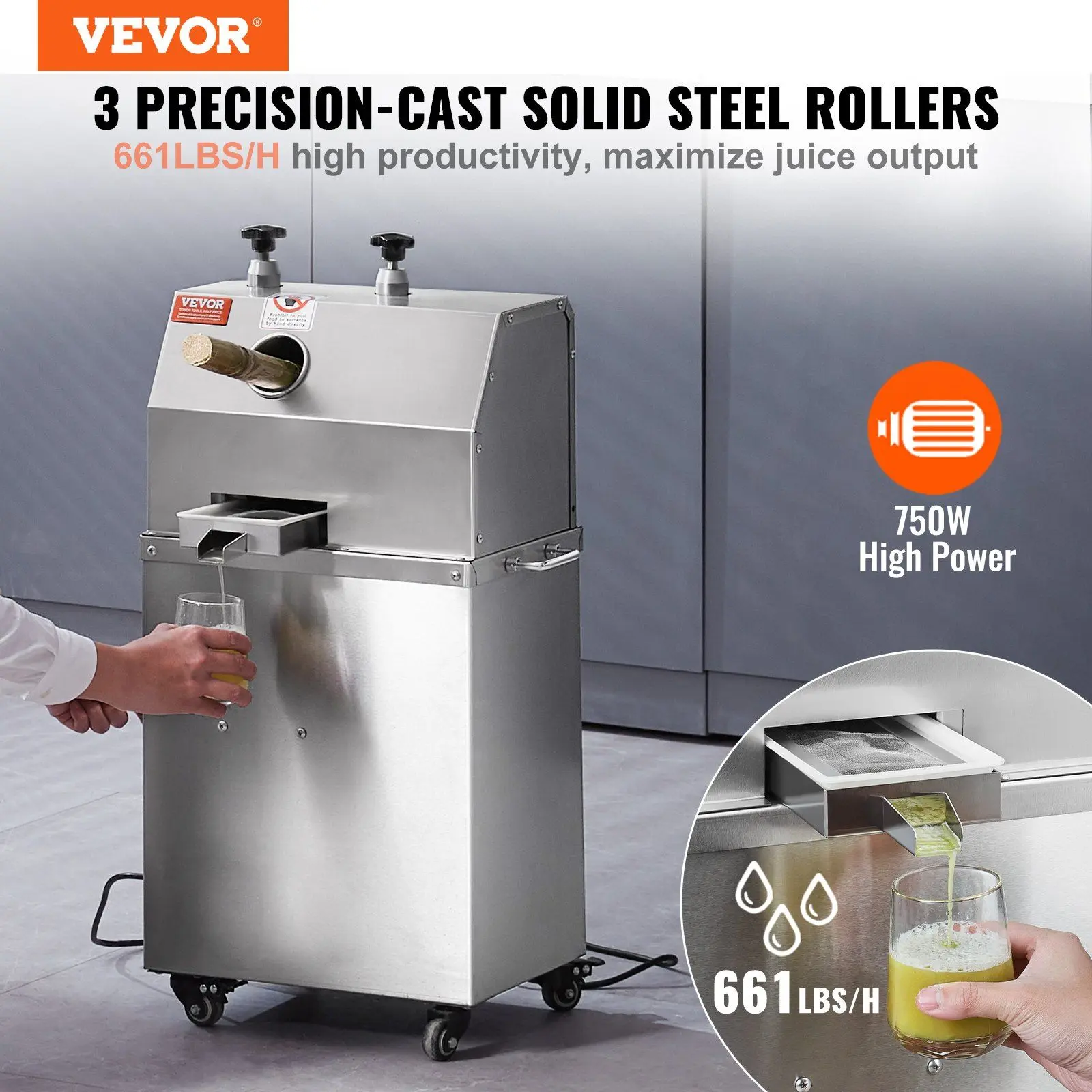 VEVOR 750W Rust-Resistant Electric Sugarcane Juicer, High Output 661LBS/H, 3 Stainless Steel Rollers, 2.4" Large Inlet, High-Density Filter Mesh, 4 Wheels for Mobility, 3 Steps Easy Maintenance for Home/Outdoor Stalls, On Wheels
