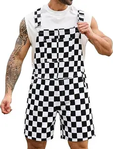 ODEFOU Plaid Checkered Stretchy Fitted Jean Material Bib Overalls, Unisex Adjustable Straps Jumpsuit Shorts, Casual Work Coveralls & Football Game Outfits,summervibes