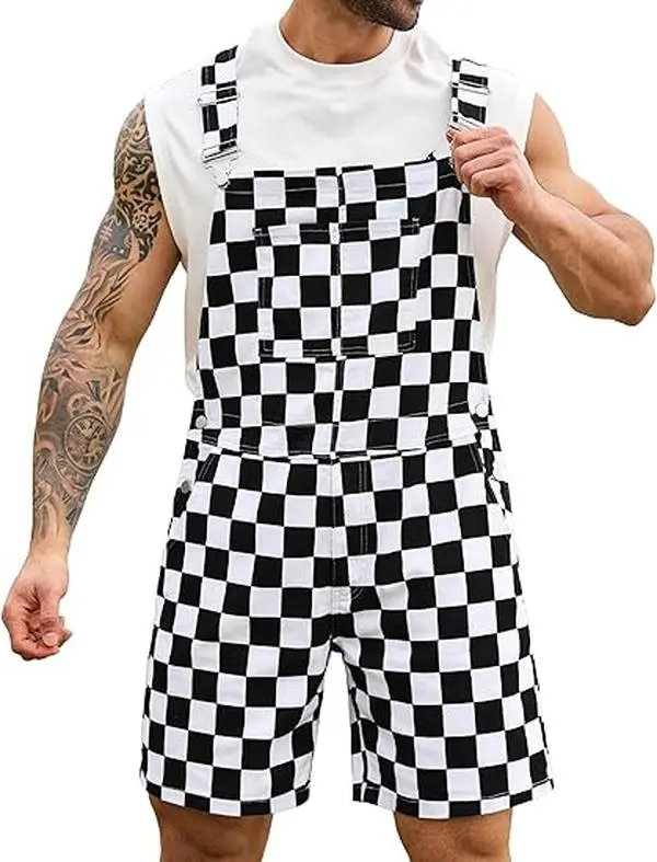 ODEFOU Football Fans Casual Checked Overalls Unisex Stretch Denim Bib Coveralls Shorts with Button-Adjustable Straps and Utility Pockets for Work & Festivals, Summer Fall Preppy Fitted, Game Day Tailgate Outfit, Teachers Romper, Game-Day Cheers, Stand Out