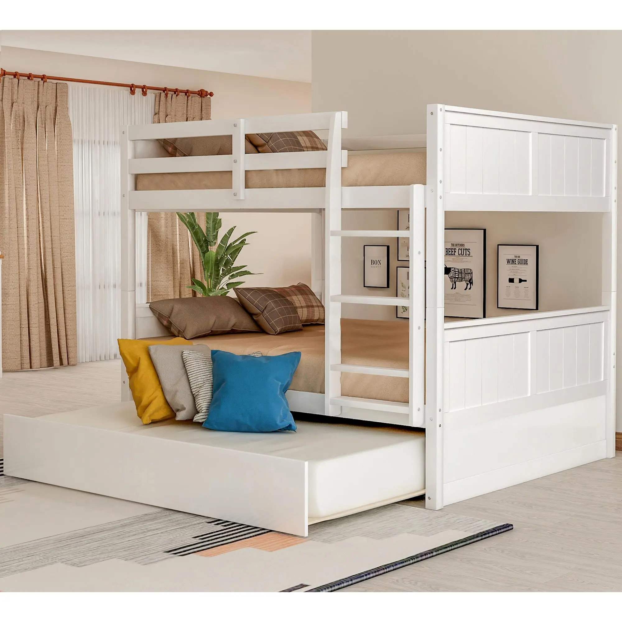Full Over Full Bunk Bed with Twin Size Trundle, White ( old sku: LP000250AAK )