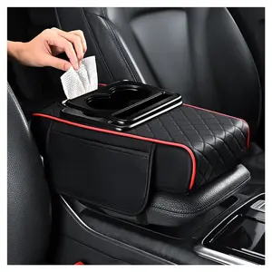 Car Armrest Cushion with Cup Holder, 5-in-1 Center Console Organizer with Storage Bags, Tissue Box and Phone Slot for SUV and Sedan Interior Accessories, Black Red