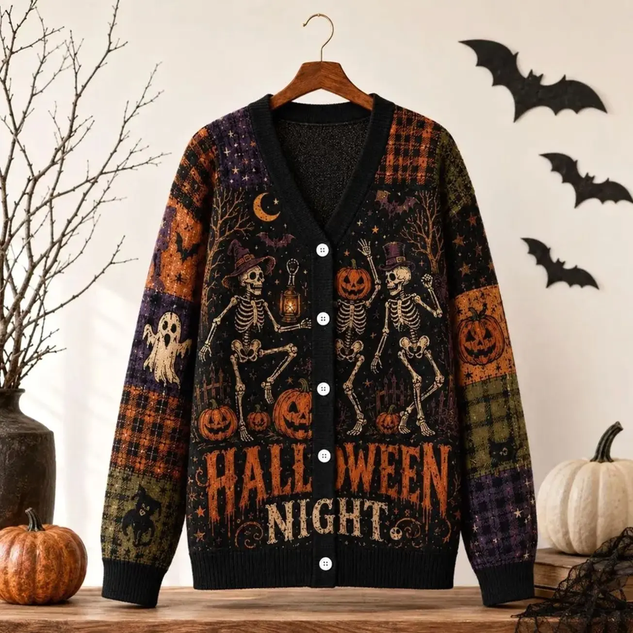 Black Skeleton Halloween Cardigan Jacket, Dancing Witch Bones, Ghost Pumpkin Plaid Night Print