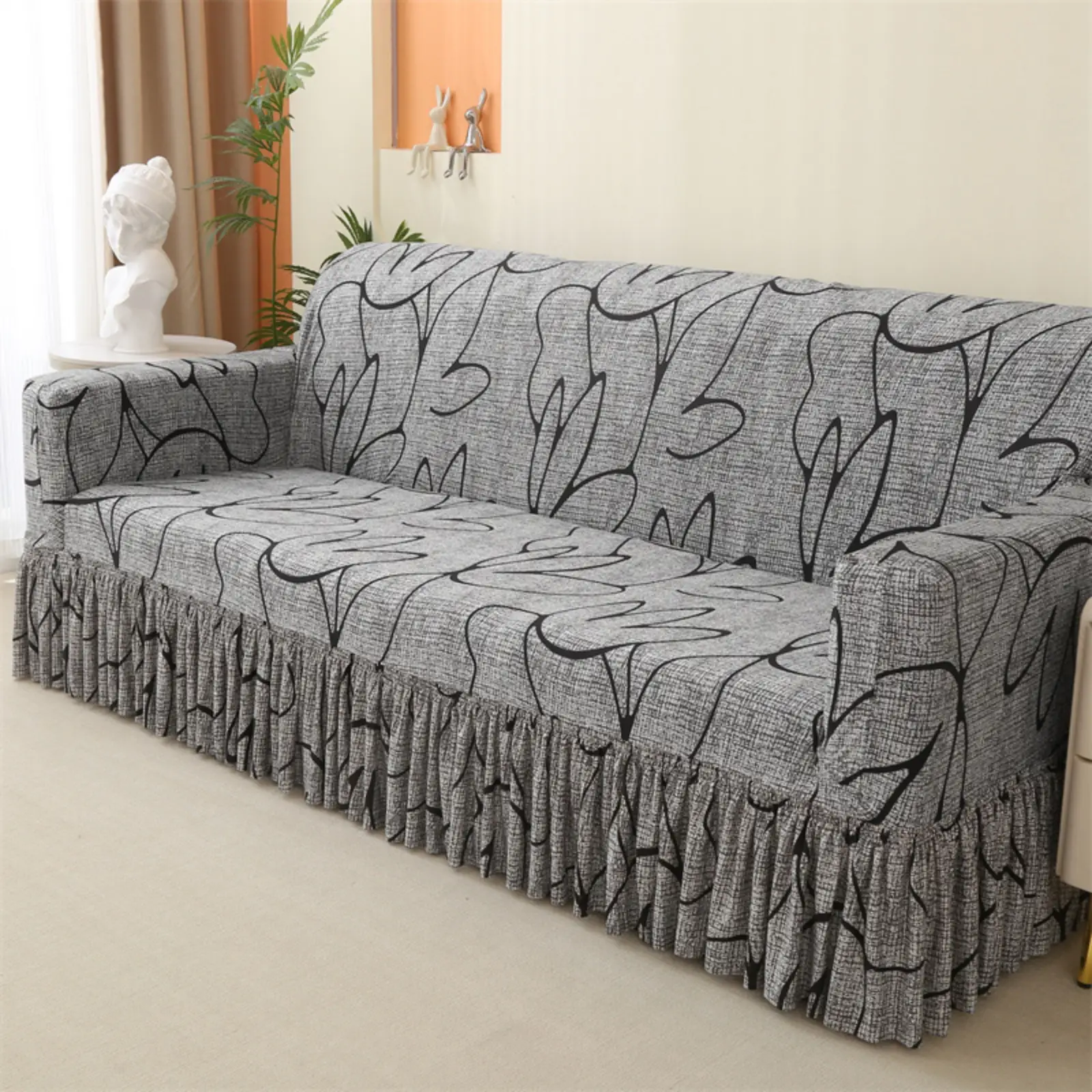 Abstract Plant Pattern Sofa Cover, 1 Count Soft Comfortable Sofa Slipcover with Skirt Design, Sofa Protector for Home Living Room Hotel Dormitory, Ela