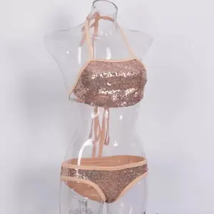 Women's Two Pieces Bikini Set, Padded Bra Tops + Bottom Sequin Swimsuit