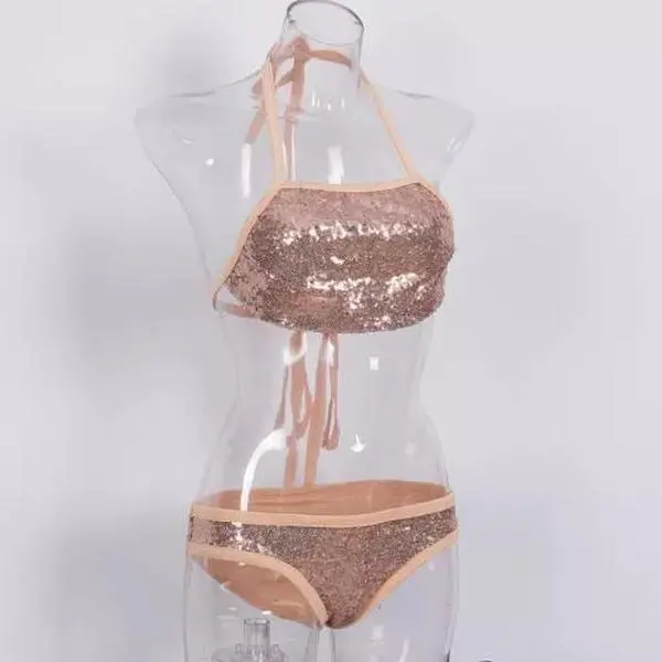 Women's Two Pieces Bikini Set, Padded Bra Tops + Bottom Sequin Swimsuit
