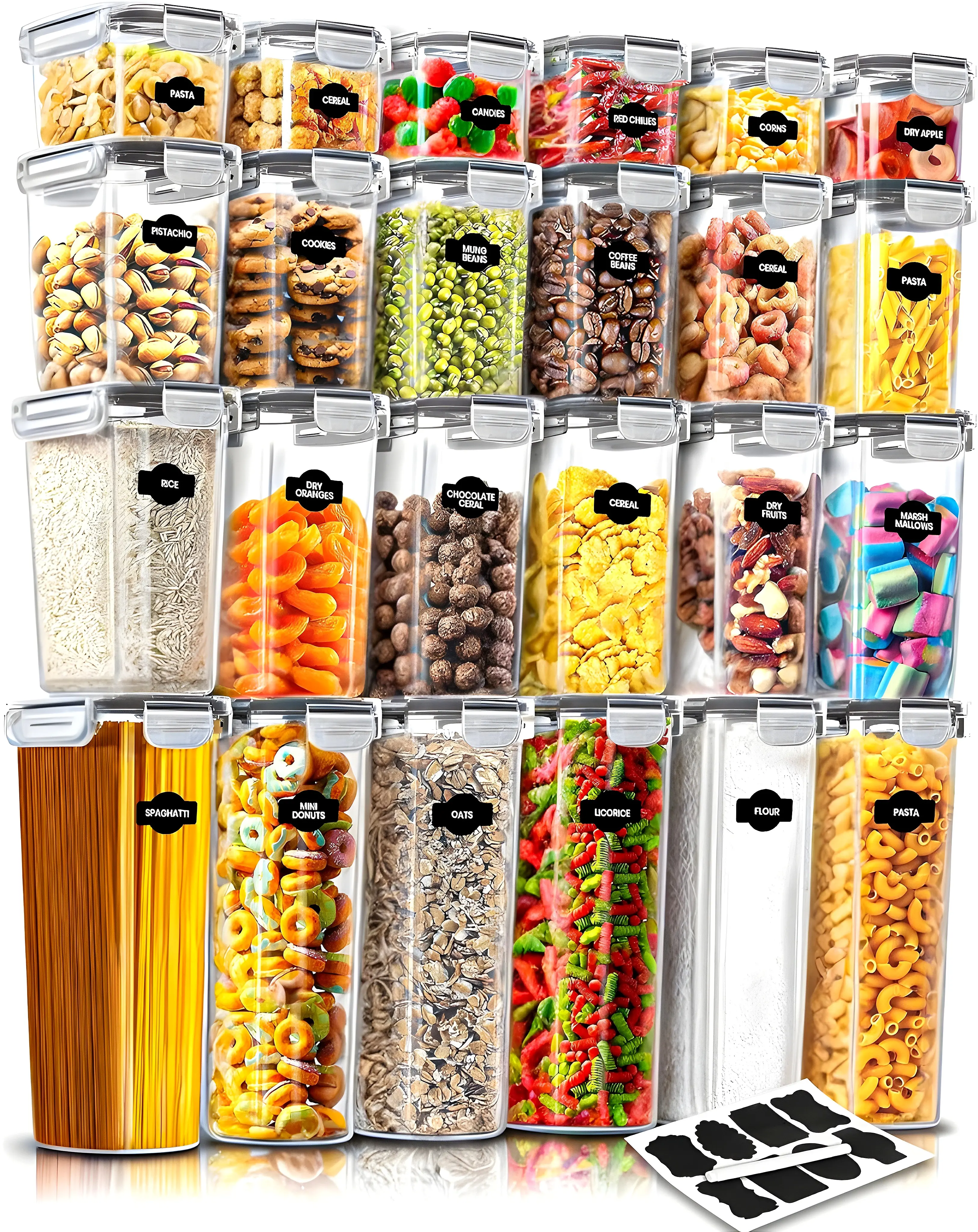 24 Pack Airtight Food Storage Containers with Lids – Plastic Pantry Organizer Set for Cereal, Flour, Sugar, Pasta & Snacks | Clear Stackable Kitchen Storage Bins with Labels & Marker for Dry Food Organization and Meal Prep airtight food storage containers