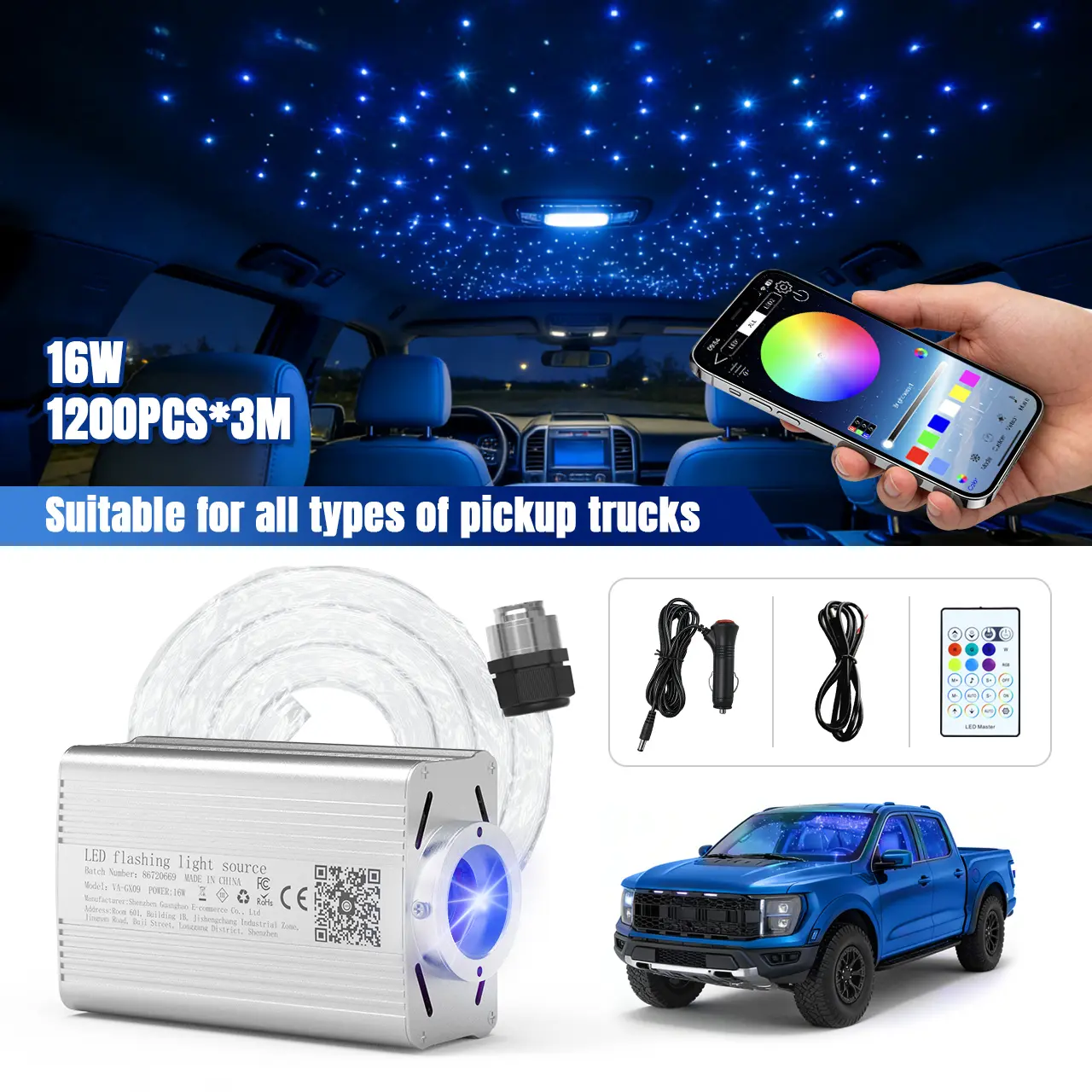 Upgraded Dual-Size Fiber Optic Car Star Ceiling Kit | 800×0.1in+400×0.2in Fibers Total 1200 Strands | Bluetooth APP & Remote Control, Music Sync, 16 Million Adjustable Colors, 12V Only Professional Installation Recommended Starlight Headliner Kit