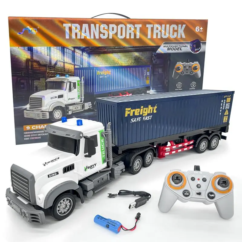 RC Semi Trailer With Trailer  Children's Semi Trailer Toy With 2 Rechargeable Batteries, With LCD Lights And Music 1:24 Container Truck Perfect Gift for Boys and Girls