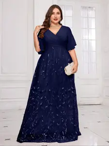 【Plus Size】 Glitter Sequin Embroidery Lace Trim Dress, Elegant V Neck Long Sleeve Formal Wear Evening Party Gown, Women's Clothes for All Seasons, Womenswear