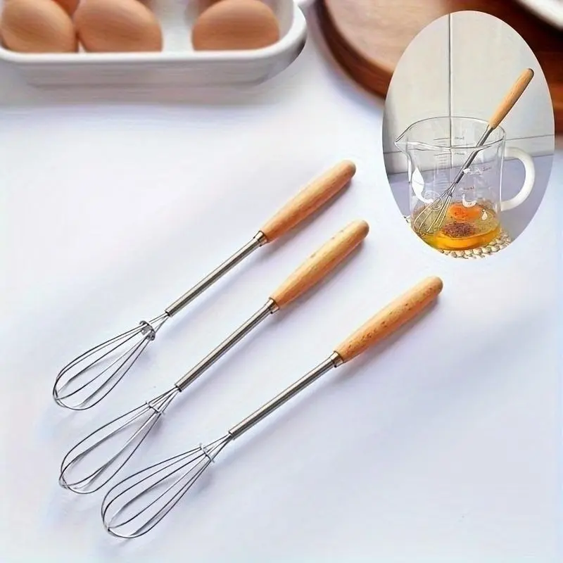 Wooden Handle Whisk, 3 Counts Stainless Steel Egg Beater, Milk Whipper Wire Whisk for Blending, Whisking, Beating, Or Stirring, Home Baking Supplies, Baking Utensils Supplies, Baking Essentials, Baking Tools, Kitchenware