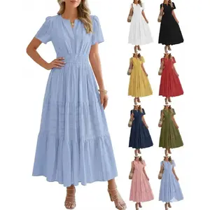 Women's cotton long skirt V-neck fluffy short sleeved smoked tight A-line flowing pleated long retro dressRAIMENTRY