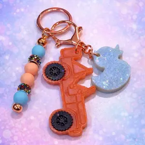 Coral bling Jeep Keychain Glitter Resin with Jeep Charm & Beaded Accent for Festive Accessories