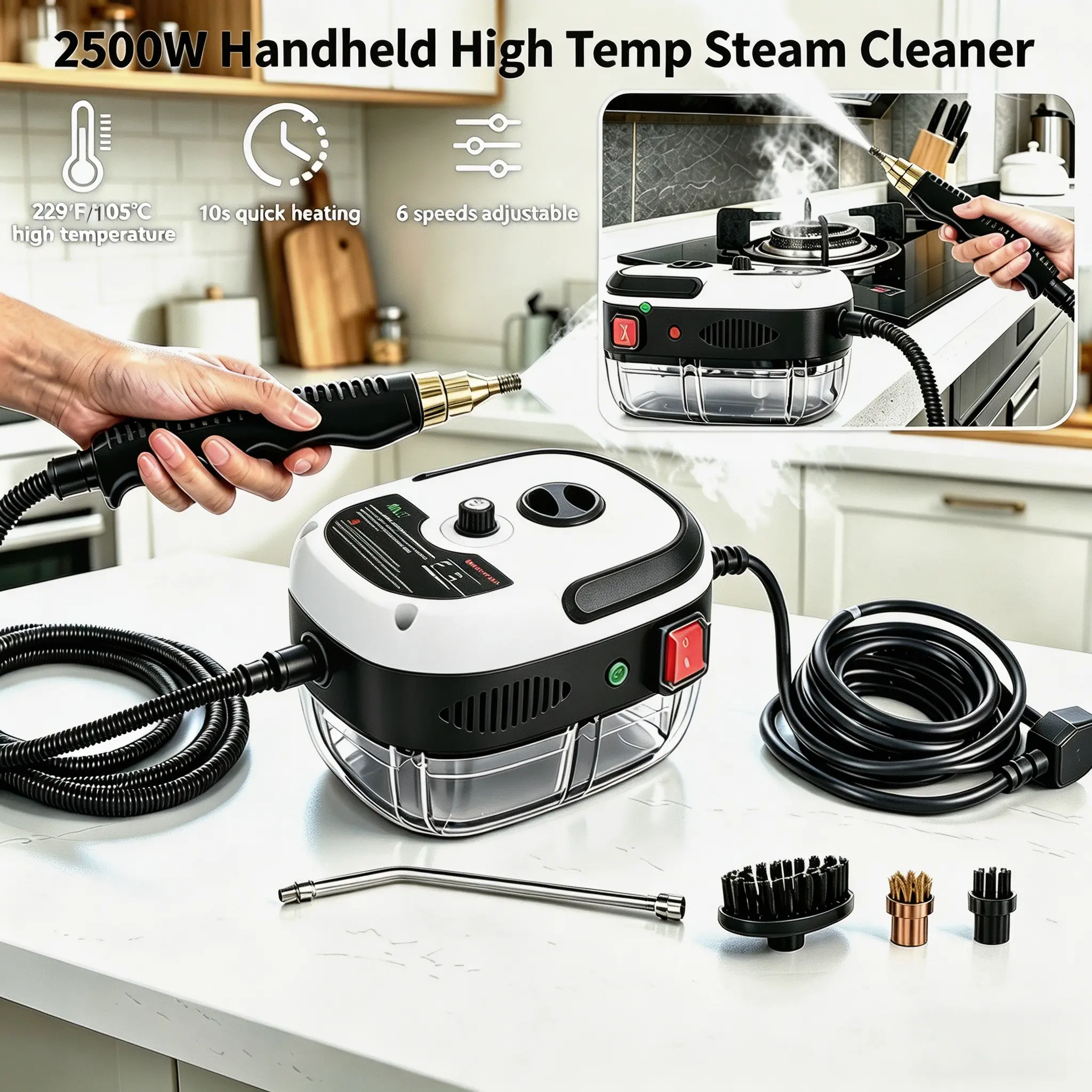2500W Handheld Steam Cleaner - Portable Heavy-Duty High-Pressure Unit with 3bar Deep Clean, 105°C Auto Temp Control, 500ml Aluminum Alloy Tank, Chemical-Free Multi-Surface Cleaner for Car/Home, 4 Brushes Accessories, Father's Day Gift, Multi-Surfaces