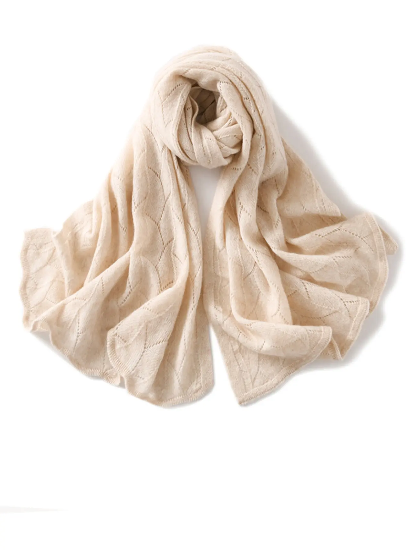 Women's Pure Wool Scarf Fashion Hollow Out Maple Leaf Knit Shawl Long Warm Soft High-End Neck Protection Autumn Winter