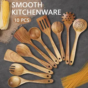 5-10Piece Premium Wood Kitchenware Set with Ergonomic Handles Purely Natural Eco-Friendly Material- Includes Spoon, Tablespoon and Sauté Spatula, Heat-resistant, Easy-to-Clean, Durable Cooking Tools for Non-Stick Pans Utensils Wooden Cookware Stirring