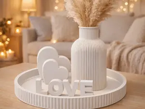 Neutral Ribbed Love Decor Set, Modern Boho Tray, Minimalist Vase Tray Set