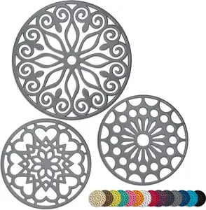 SEGGAONE 3 Set Silicone Trivet Mats with 1 Extra Large Included Intricately Carved Insulated Flexible Durable Non Slip Thick Round Premium Trivets for Hot Pots and Pans Gray Coasters Tableware