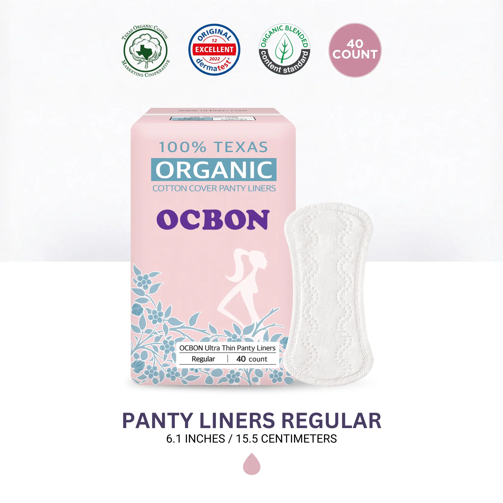 [OCBON] 100% Organic Cotton Panty Liners (Regular, 40 Count) - Ultra Soft, Comfortable, Thin, Unscented. Premium Quality.