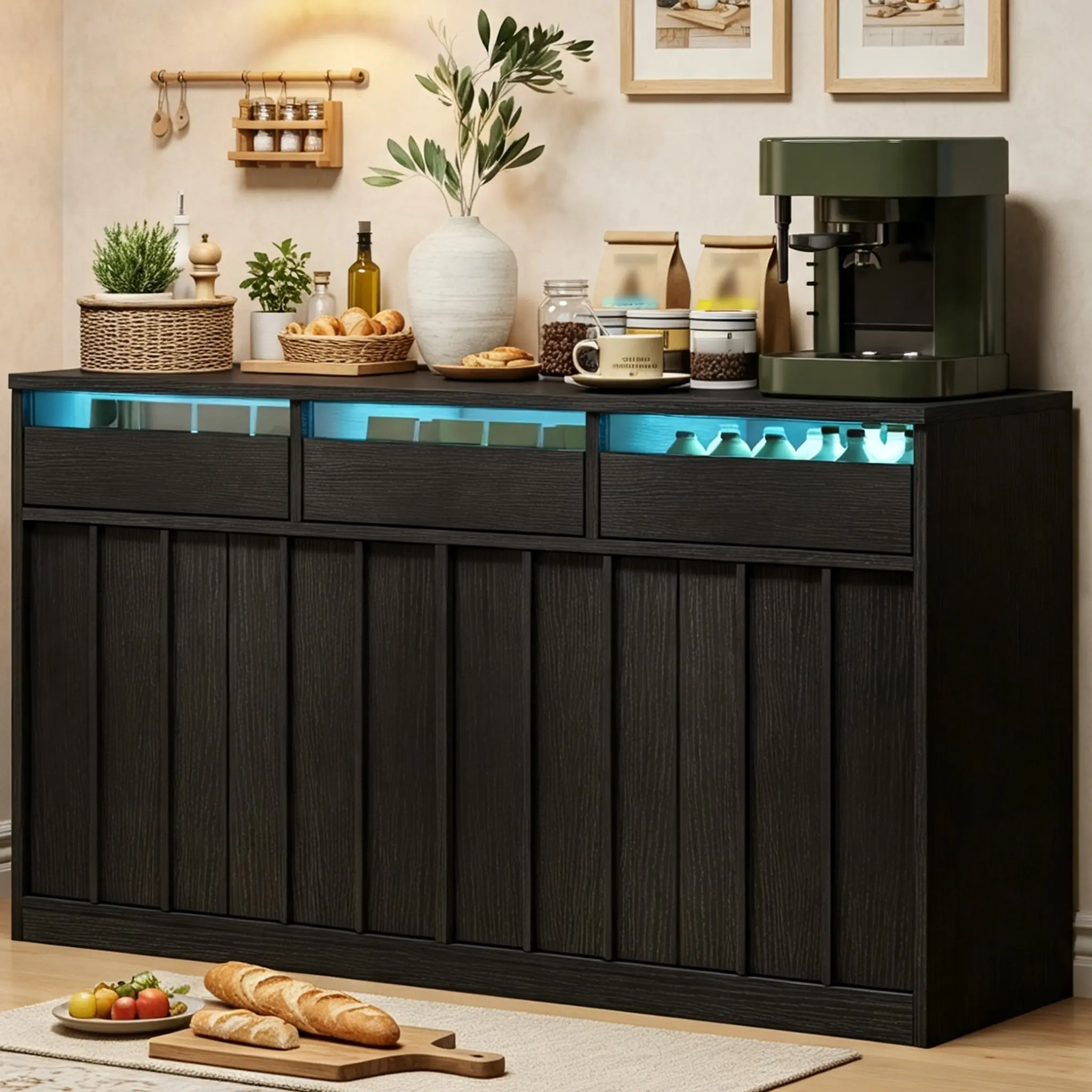 Sideboard Cabinet with Charging Station & LED Lights, 55 Inch Black Wood Buffet Cabinet with Slatted Doors, Modern Fluted with Glass Panel, Coffee Bar Storage Sideboard for Kitchen Dining Room