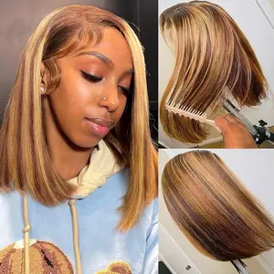 Straight Highlight Bob Glueless Wigs Human Hair Ready to Wear Preplucked Precut Closure Wig Wear and Go Ombre HD Lace Front Wig