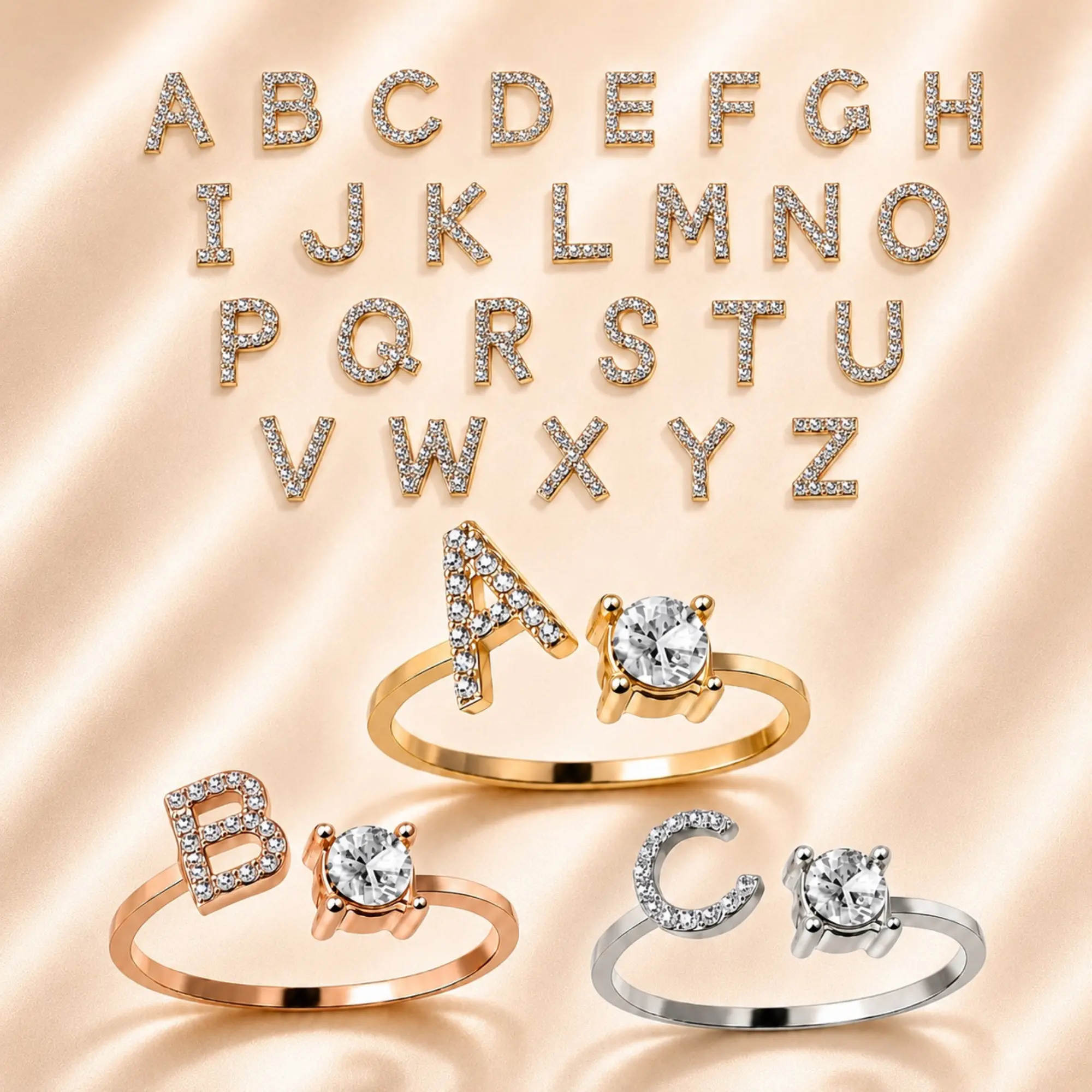 Women's Adjustable Alphabet Ring - A-Z Initial Band with Sparkling Zircon, Personalized Gold-Tone Costume Jewelry Gift for Birthday, Anniversary, Rings For Women, Letters