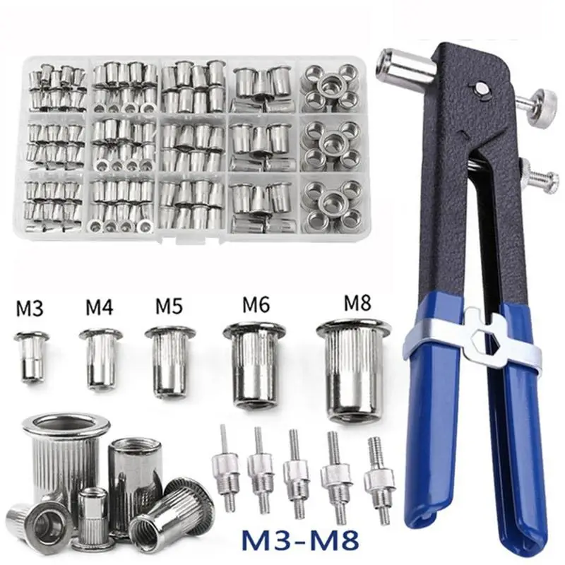Portable Rivet Nut Tool Kit, Heavy Duty 150pcs M3/M4/M5/M6/M8 Nut Rivet Mandrels Repair Tool, Industrial Rivet Gun Flathead Screw Nut Rivet Gun Set, H