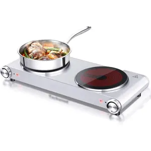Hot Plate,  1800W Dual Electric Stoves, Countertop Stove Double Burner for Cooking,  Ceramic Hot Plates Double Cooktop, , Brushed Stainless Steel Easy to Clean Upgraded Version