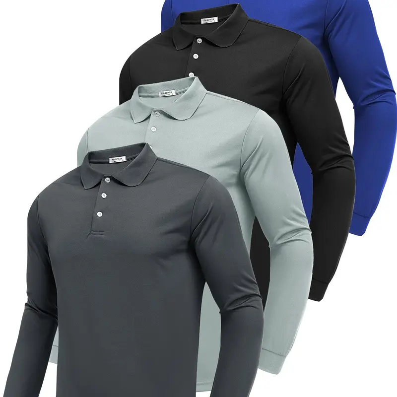 PINSPARK Men's 4-Piece Long-Sleeve 3-Button Placket Polo Shirt Set - Moisture-Wicking, UV-Protective, Quick-Dry, Durable, Easy-On Men's Clothing - Athletic Fashion Activewear, Dry Fit Shirts, Breathable Sports Wear, Golf Sports Wear for Golf, Hiking,outdo