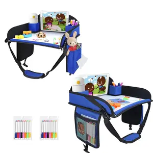 Kids Travel Tray, 2Pcs Kids Travel Trays for Car Seat, Road Trip Essentials for Toddler, Carseat Lap Tray Organizer for Road Trip, Airplane Activities for Kid, Blue