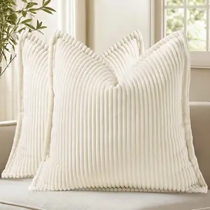 Summer Corduroy Cream White Throw Pillow Covers 18x18 Set of 2 Decorative Soft Boho Farmhouse Couch Pillow Covers for Living Room Bed Sofa Broadside Striped Pillow Cases