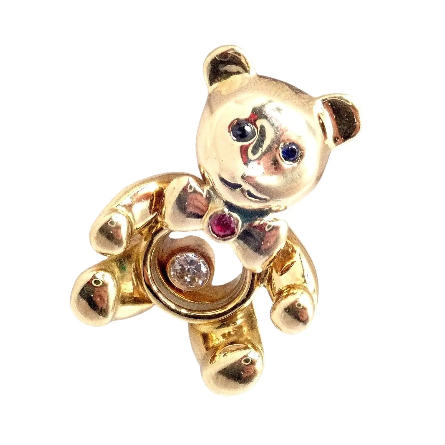 Chopard 18k Yellow Gold Teddy Bear Happy Diamond Ruby Sapphire Pin Brooch