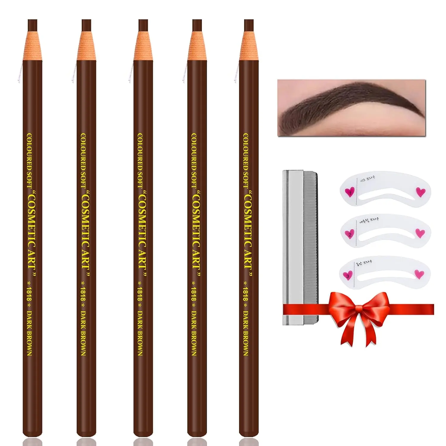Waterproof Eyebrow Pencil Dark Brown Brow Pencil Set For Marking,Filling and Outlining,Eyebrow Tattoo Makeup Microblading Supplies Kit,12Pcs Microblading Eyebrow Pen with Eyebrow Stencil Eyebrow Tool