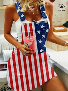 Women's Summer Casual Independence Day Loose Strap Short Skirt, Adjustable Belt Straight Leg Denim Overall, Star Striped Colorblock Button Design