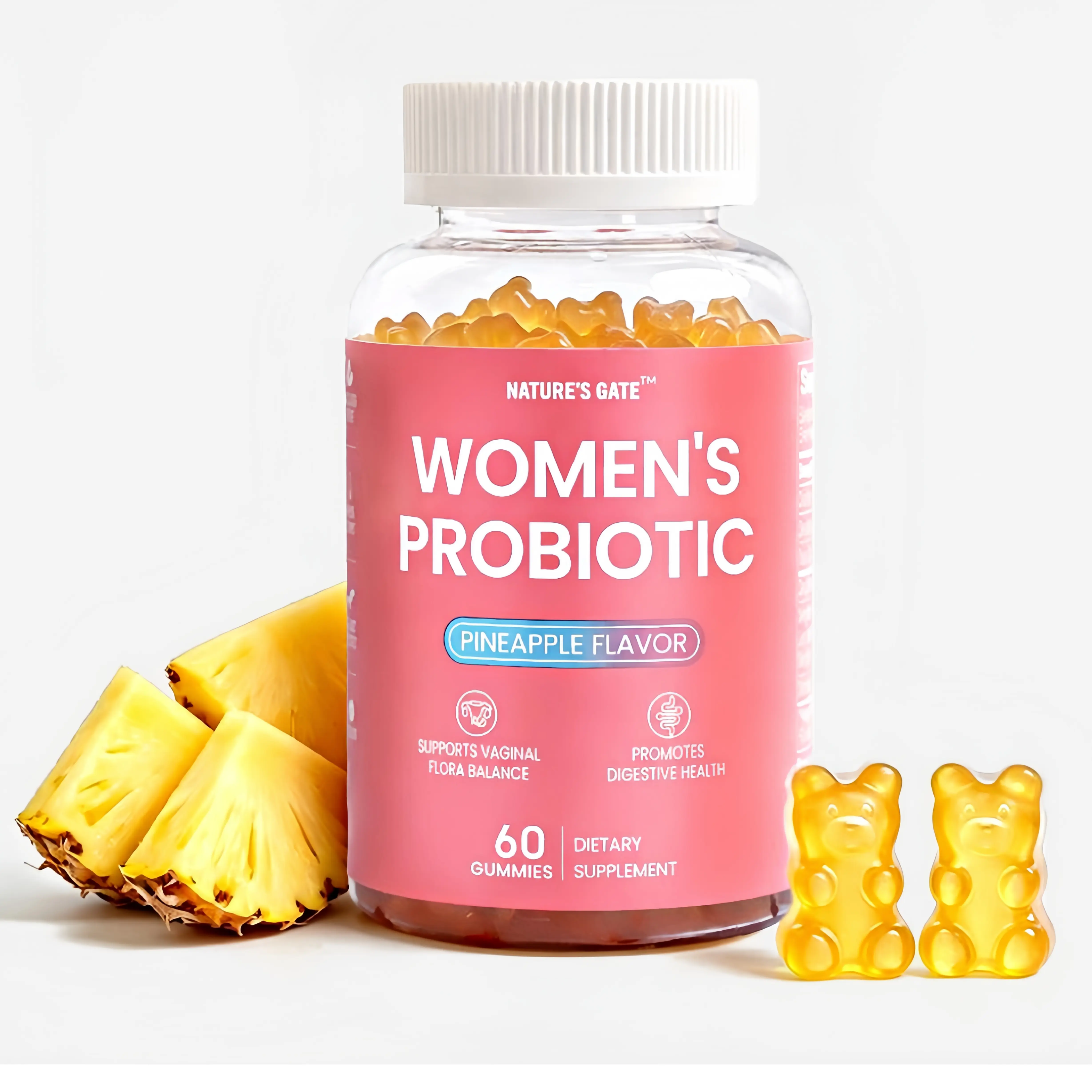 Nature's Gate Women's Pineapple-Infused Probiotics with Prebiotics - 4-in-1 Daily Vegetarian Capsules, Supports Feminine pH Balance, Digestive Wellness, Flora Balance, Bloating & Gas Relief - Non-GMO, 60-Count Nutrition Supplement