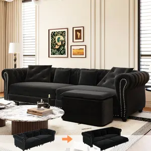 Grovebloom 89-Inch Classic 3 Seaters Chesterfield Sofa Luxury Roller Armrest Button Tufted Sofa&Couch with Ottoman Improved Chesterfield Sofa Convertible 3 Fold King Size Pull Out Sleeper Couch Bed W/4 Pillows Beige/G C King Faux Leather Pull Out Sofa Bed