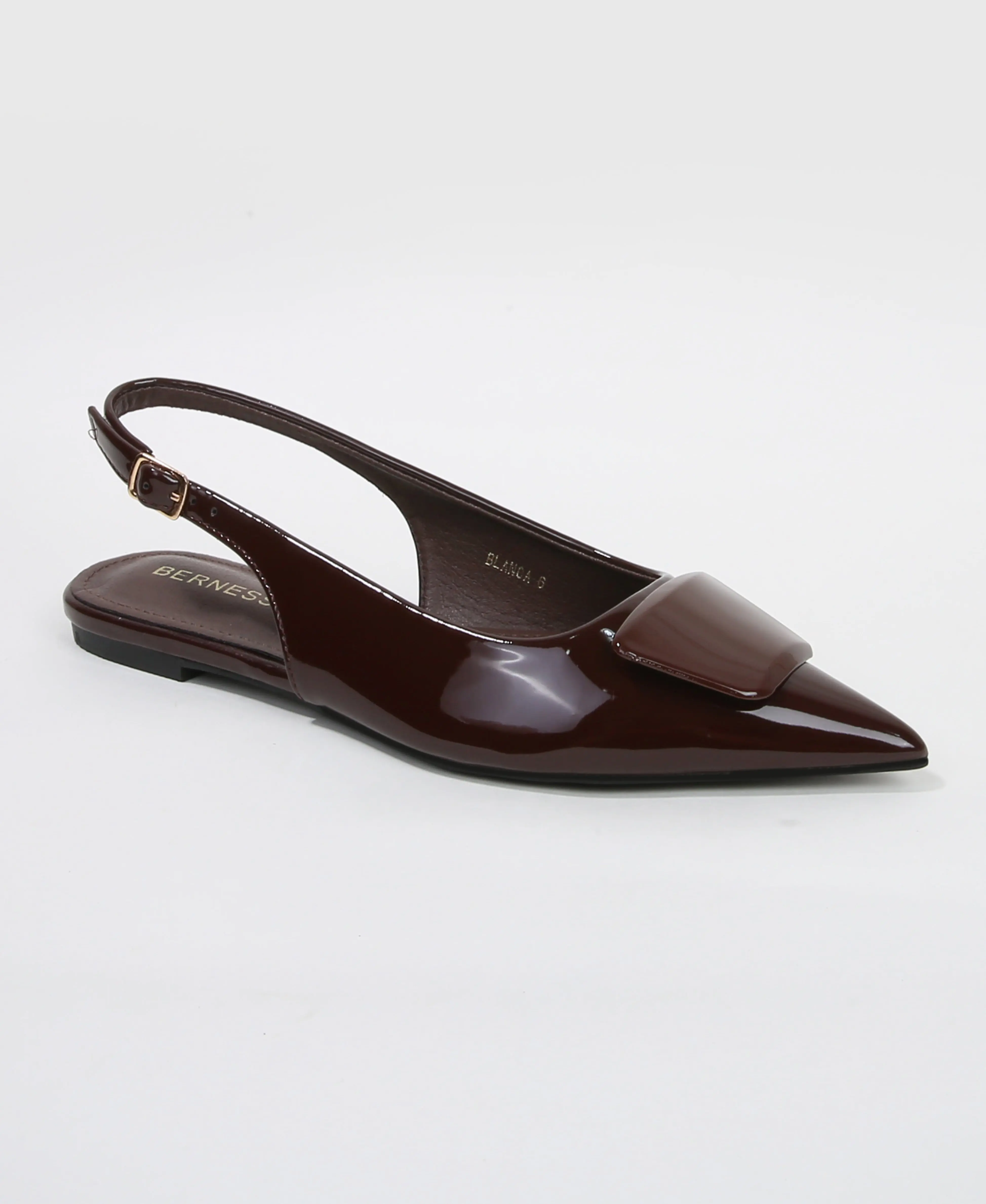 Women's Patent Leather Flats, Pointed Toe Slingback Office Footwear with Geometric Accent and Memory Foam Cushioned Sole, Flat Heels, Buckle Strap, Casual, Elegant, Glossy Patent