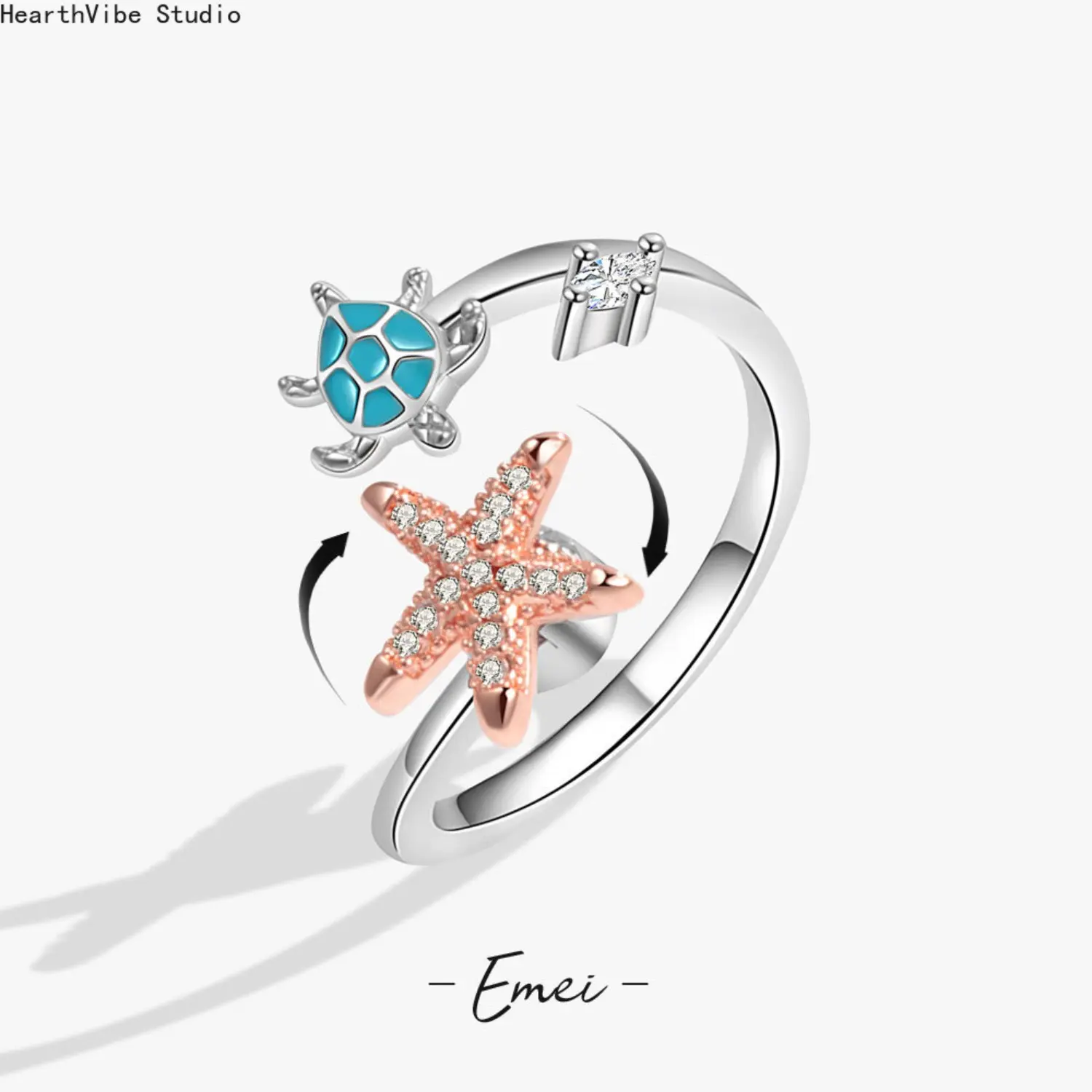 Women's Nature-Inspired Costume Jewelry Ring Set - Micro-Set Turtle & Starfish Animal-Themed Cubic Zirconia Rhinestone Stackable Finger Rings, Sports & Outdoor Accessories, Matching Rings